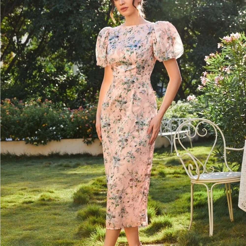 SHEIN Allover Floral Print Puff Sleeve Dress Without Belt